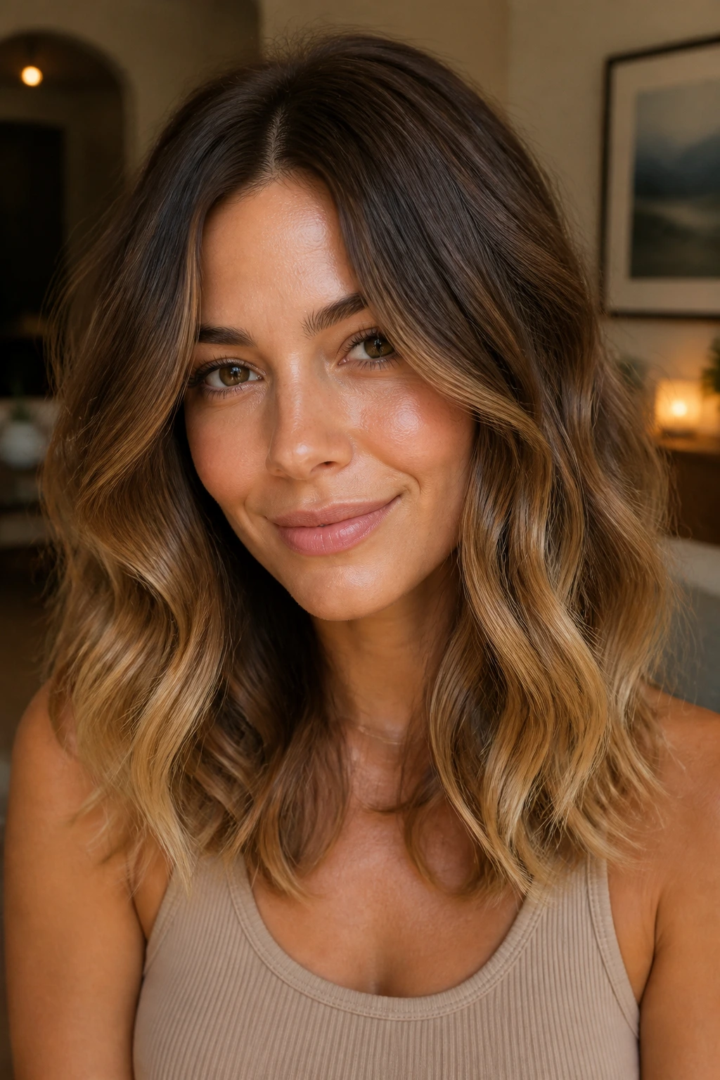 Close-up of a woman with walnut brown hair and buttery ends in waves.
