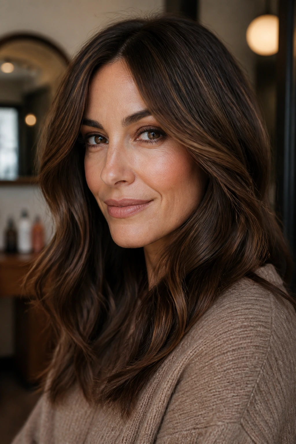 Close-up of a real woman with walnut brown hair and cocoa lowlights adding depth.