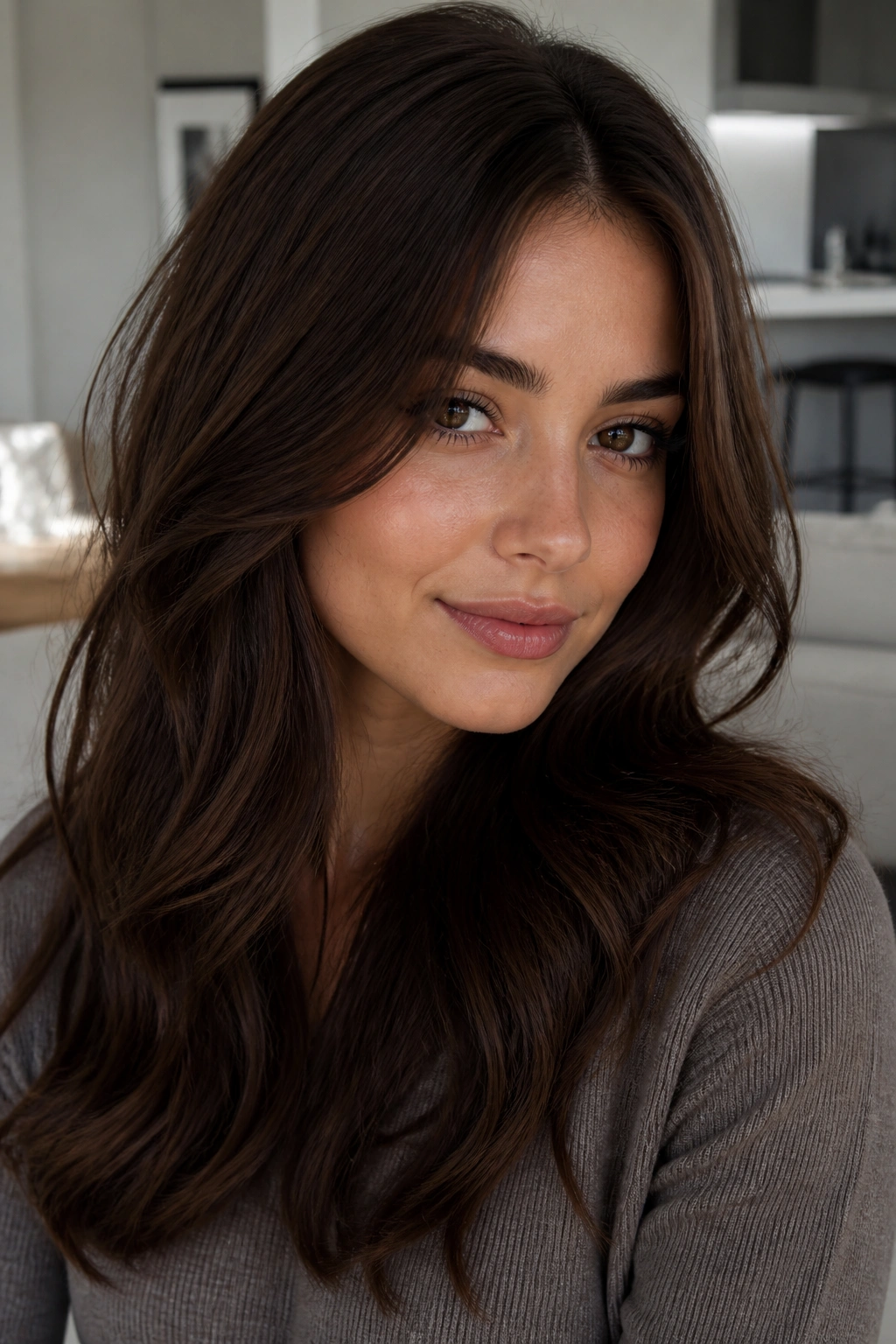 Close-up portrait of brunette with Walnut Brown deep neutral shade