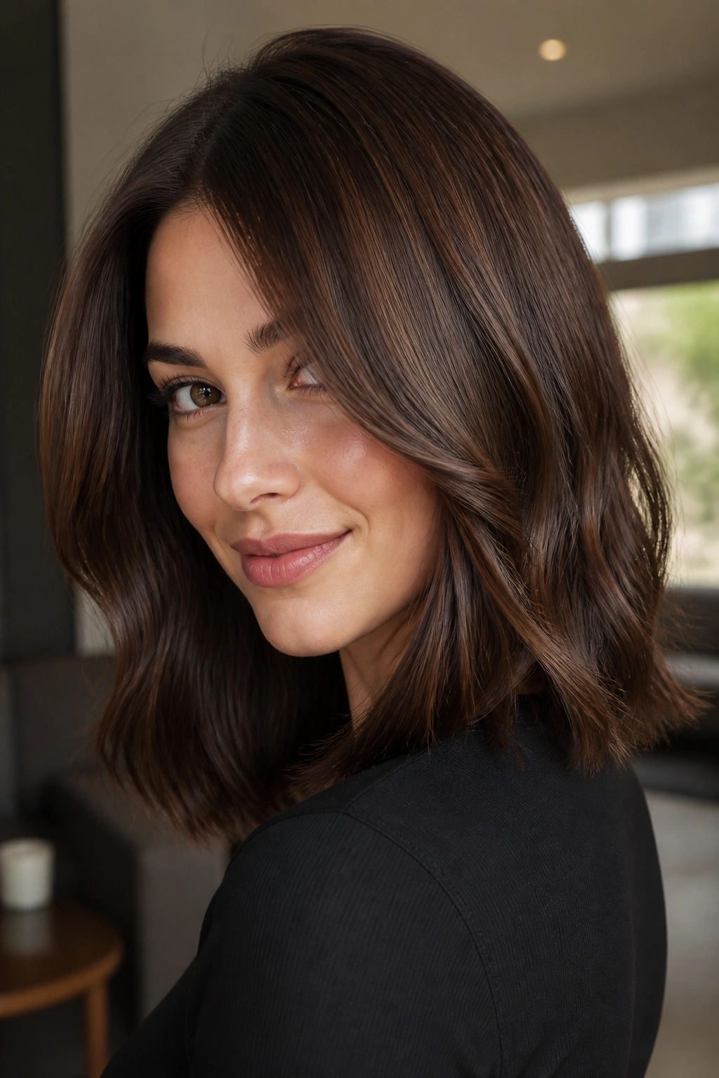 Close-up of a real woman with walnut brown hair and a glossy finish