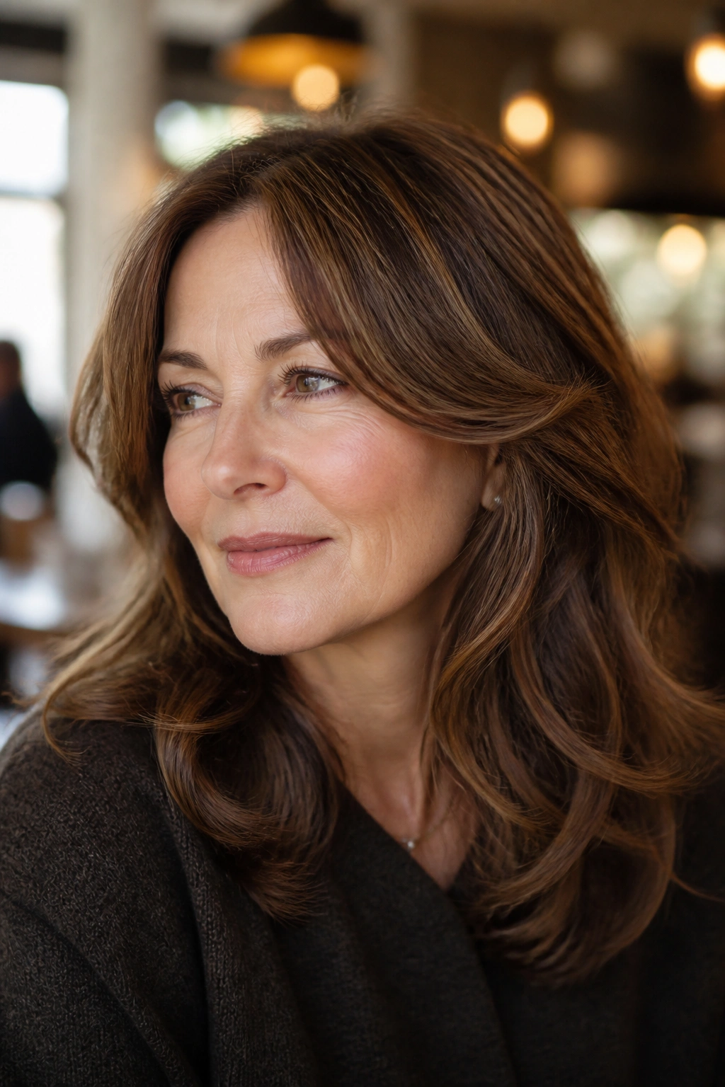 Close-up portrait of a woman with walnut brown hair and gold threads