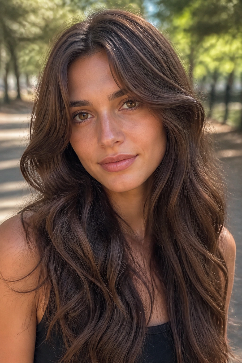 Close-up of a real woman with walnut brown hair showing earthy depth and layered movement