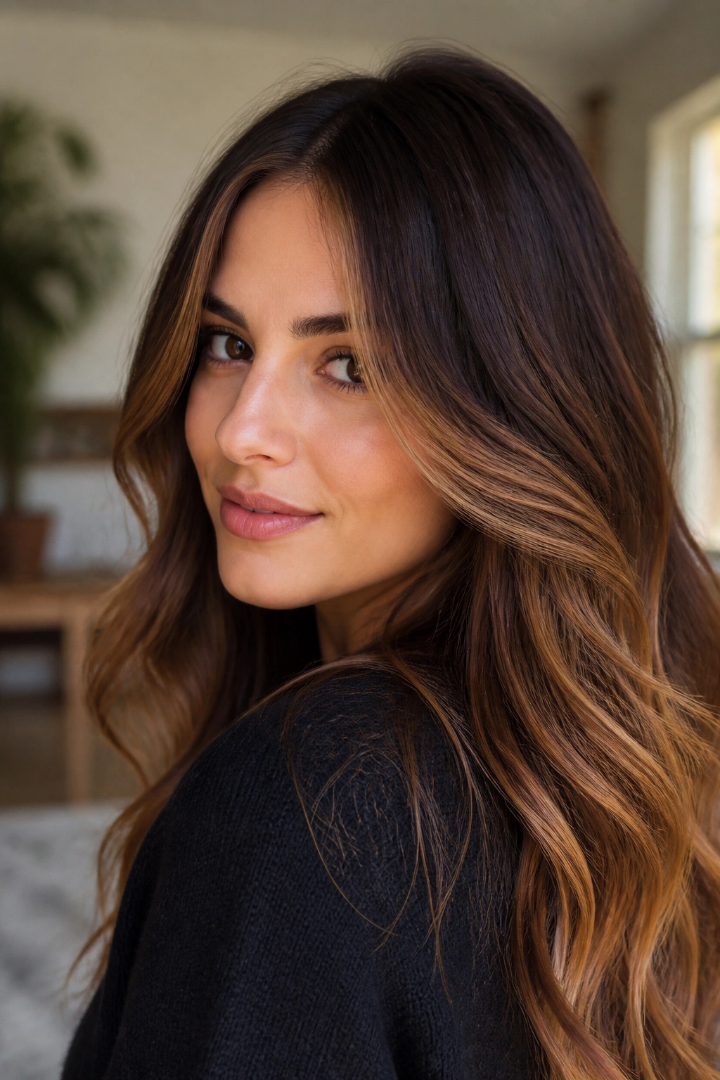 Close-up portrait of a real woman with walnut brown hair and caramel ribbons framing her face.
