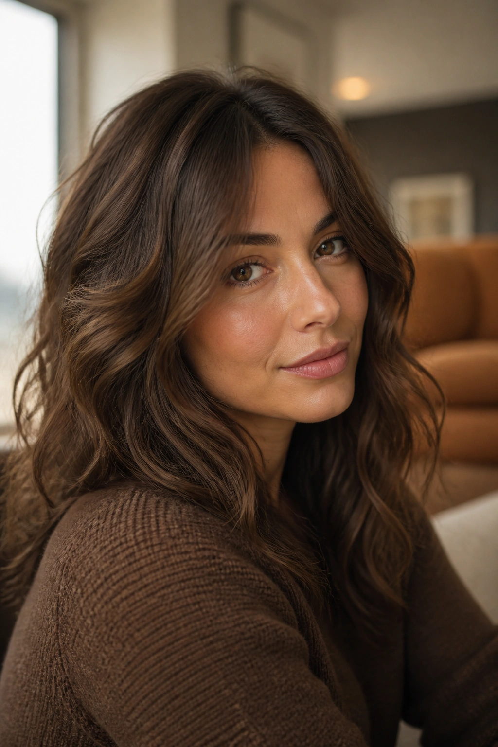 Close-up portrait of a real woman with walnut brown hair in a natural balanced shade