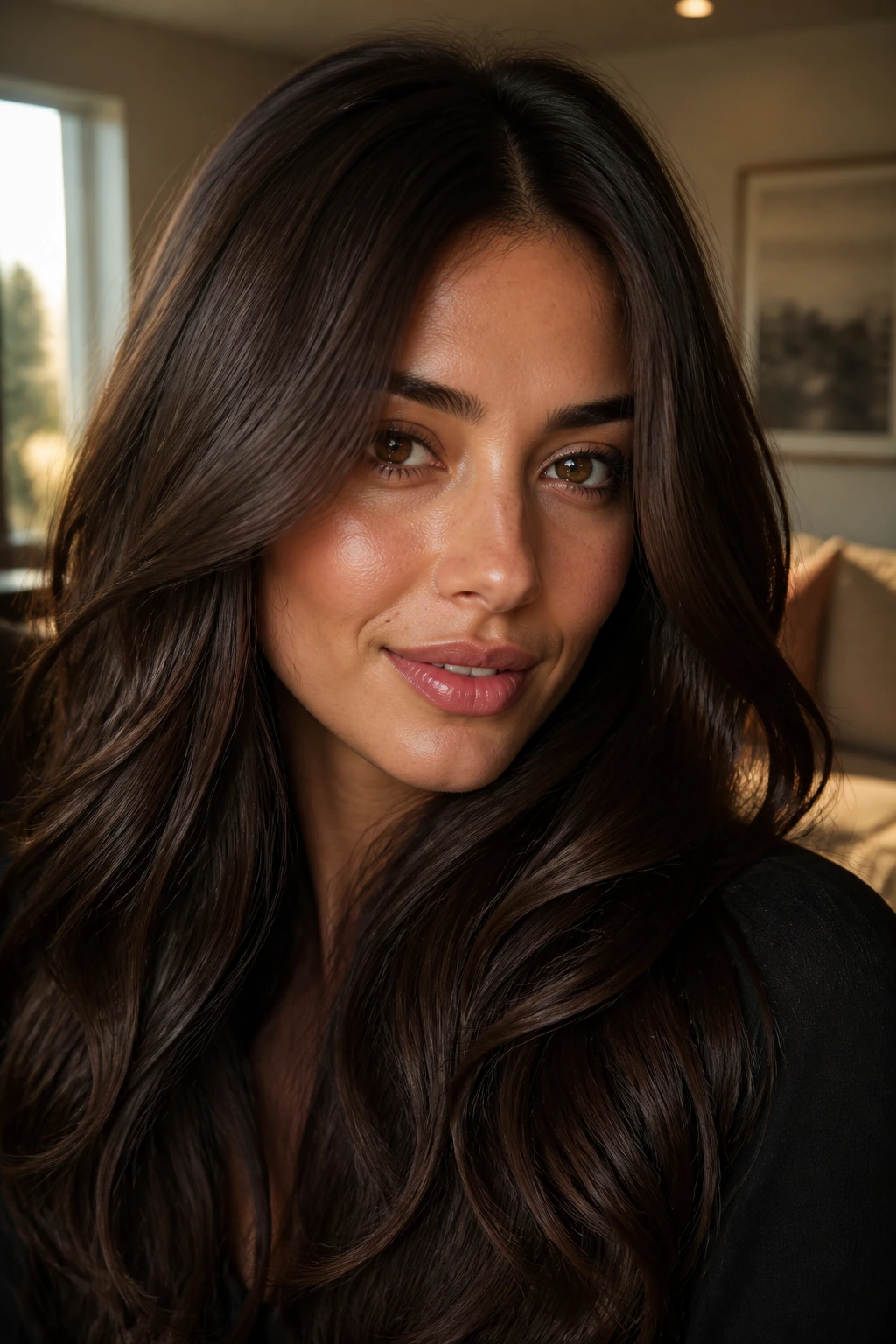 Close-up portrait of a real woman with walnut brown hair and deep shine
