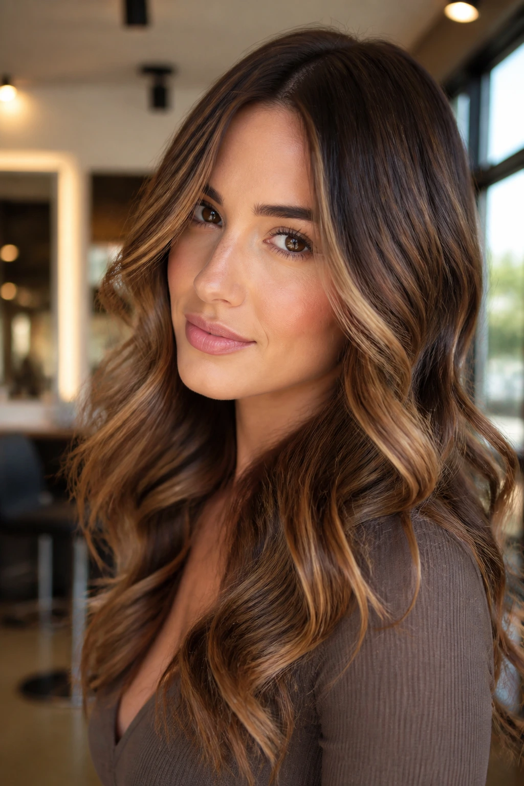 Close-up portrait of a woman with walnut brown hair and buttery highlights framing her face