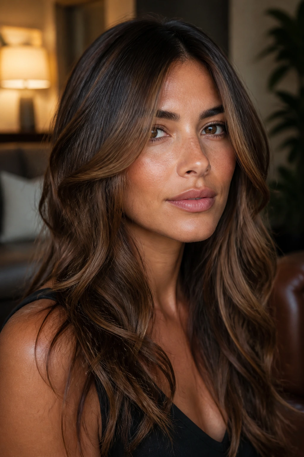 Close-up of a real woman with walnut brown base and honey veil highlights