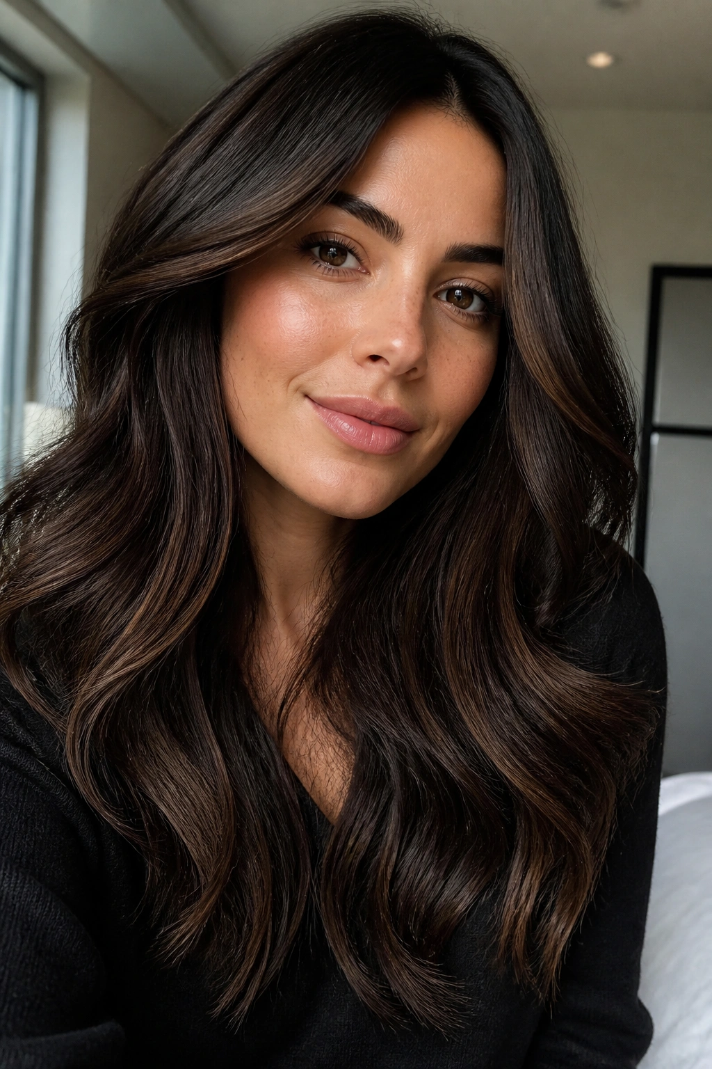 Close-up of walnut brown lowlights adding depth to dark brown hair