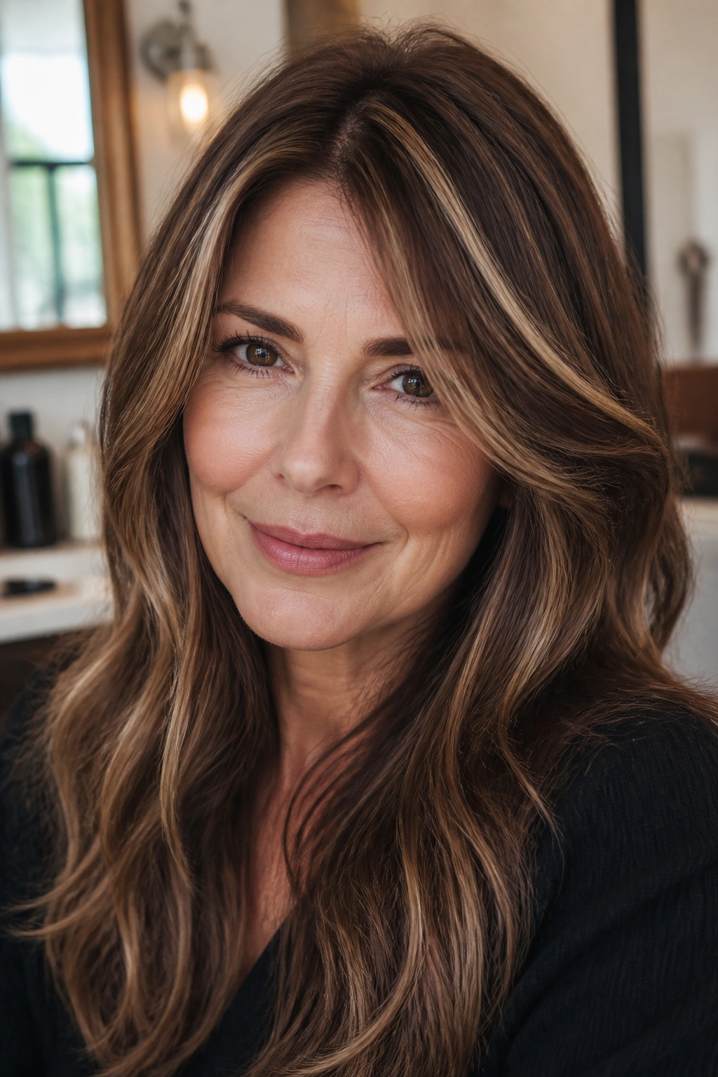 Close-up portrait of a woman with walnut brown hair and beige ribbons woven through