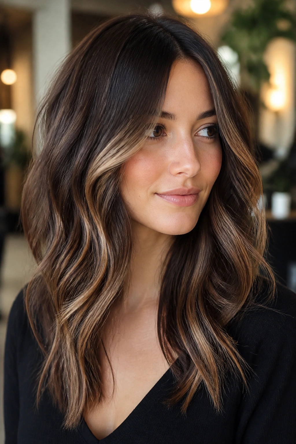 Close-up of a real person with walnut brown hair and toffee ribbons for depth