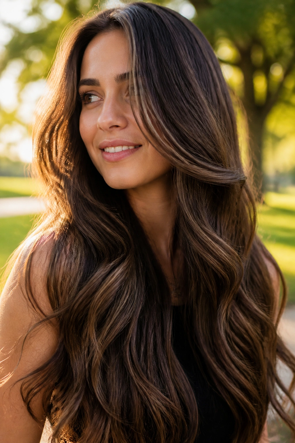 Walnut brunette hair with soft lowlights in a park