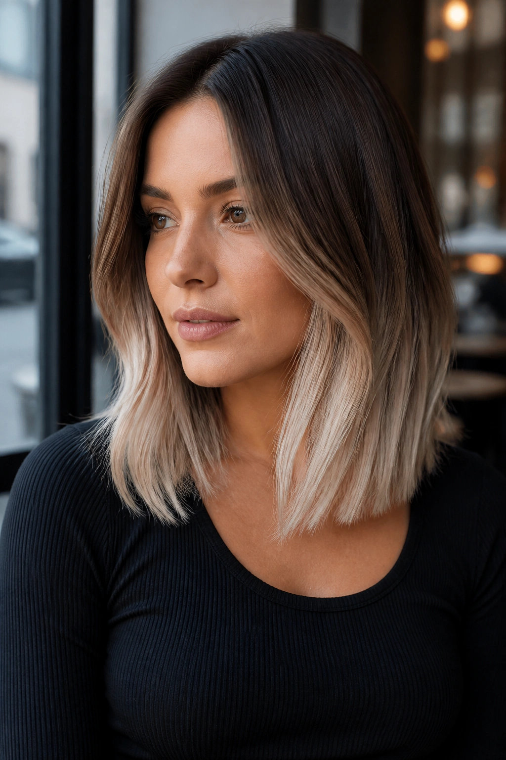 Portrait of a real woman with walnut brown roots and champagne ends in a shoulder-length lob.