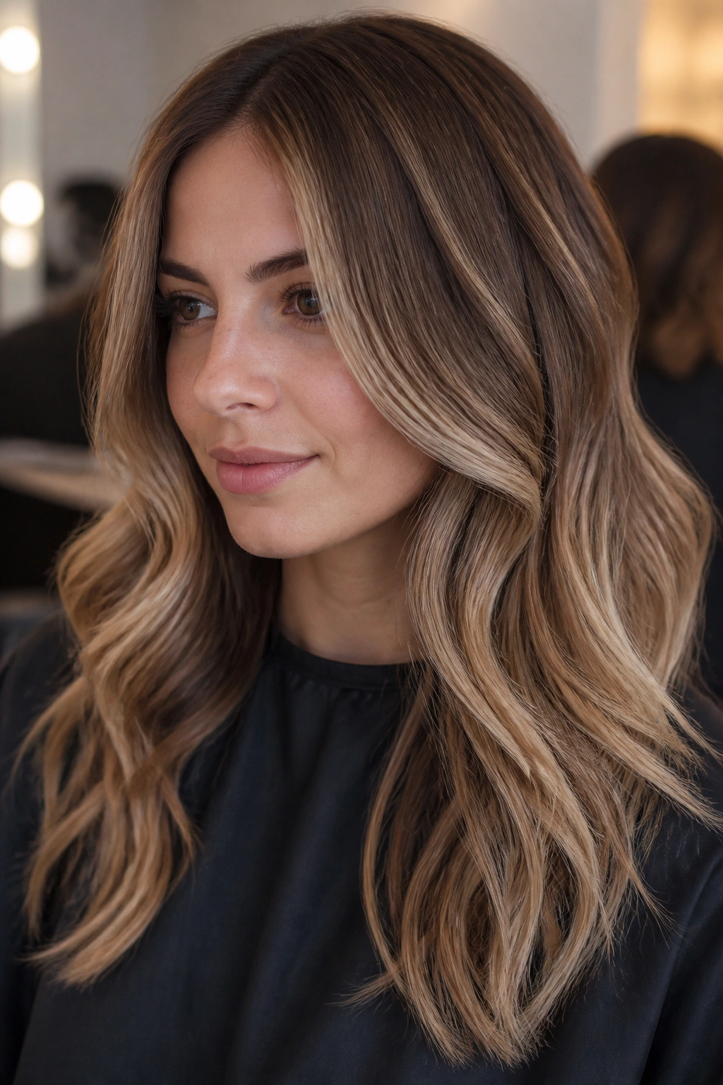 Medium close-up portrait of a real person with walnut almond vanilla bronde hair