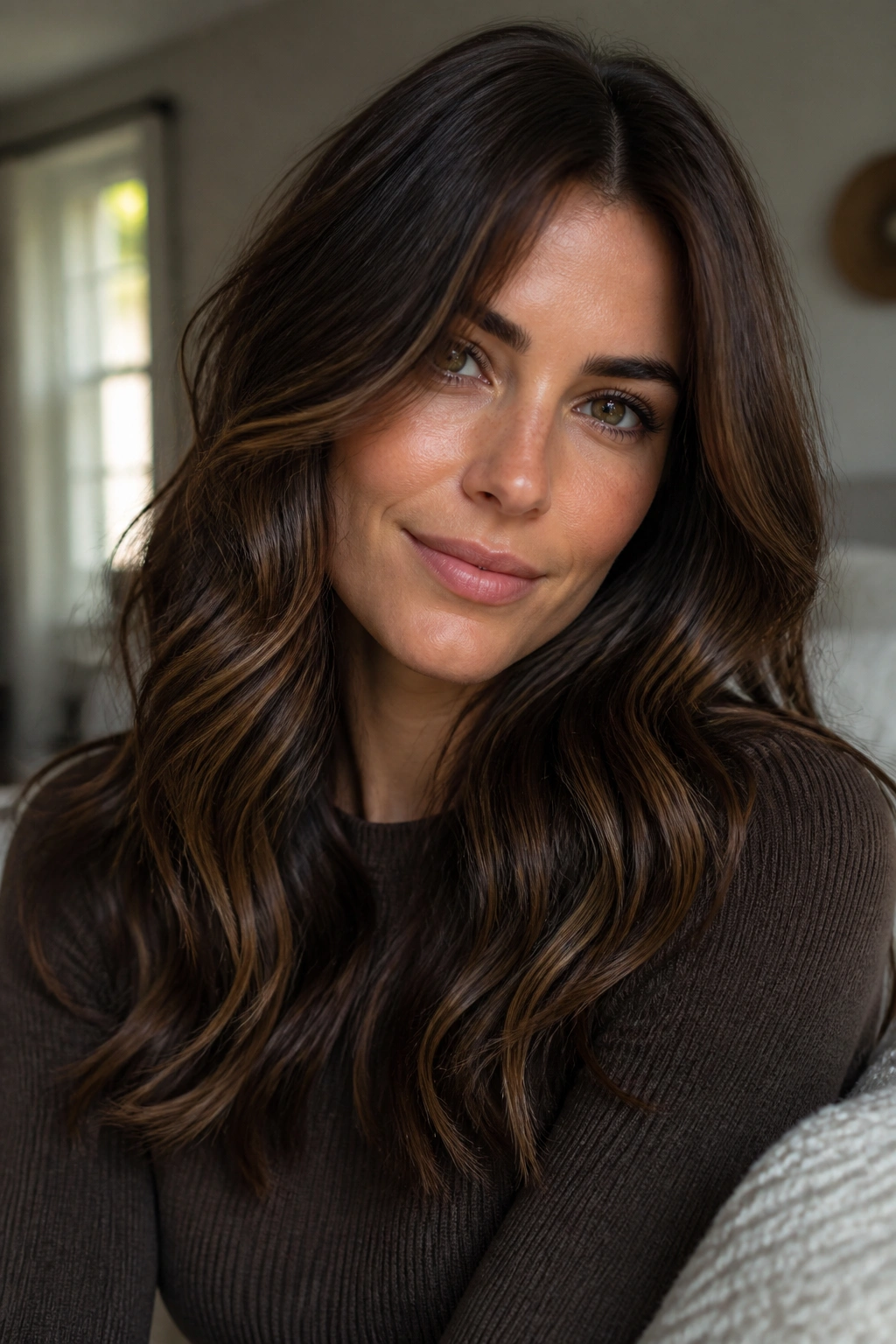 Close-up portrait of a real person with deep brown hair and walnut low-contrast highlights in natural light