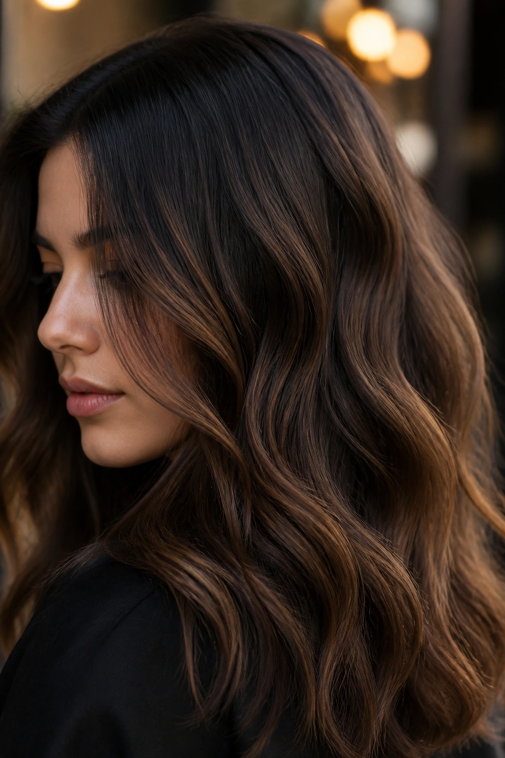 Brunette with low-contrast highlights creating depth on waves