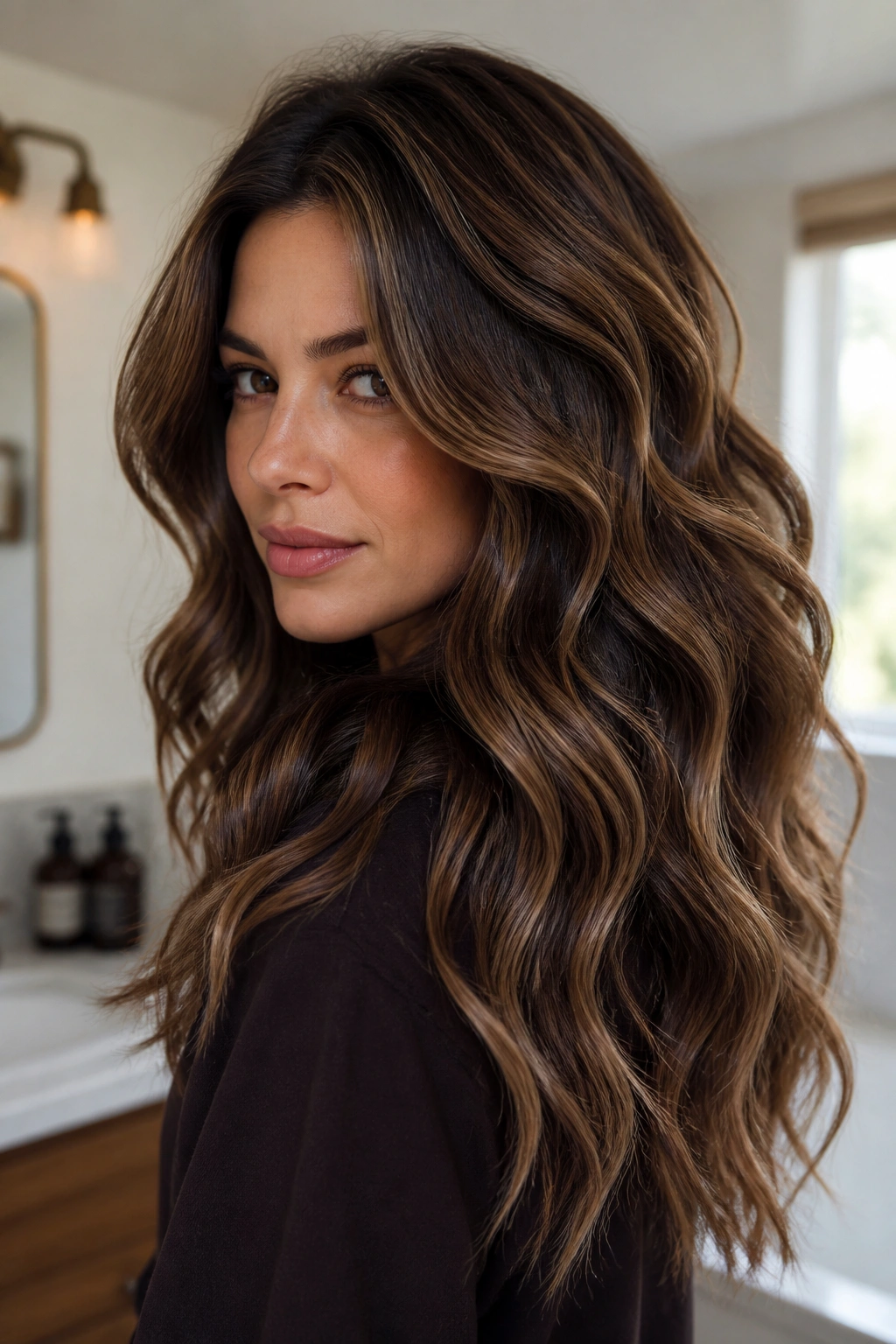Real woman with walnut lowlights defining big textured waves