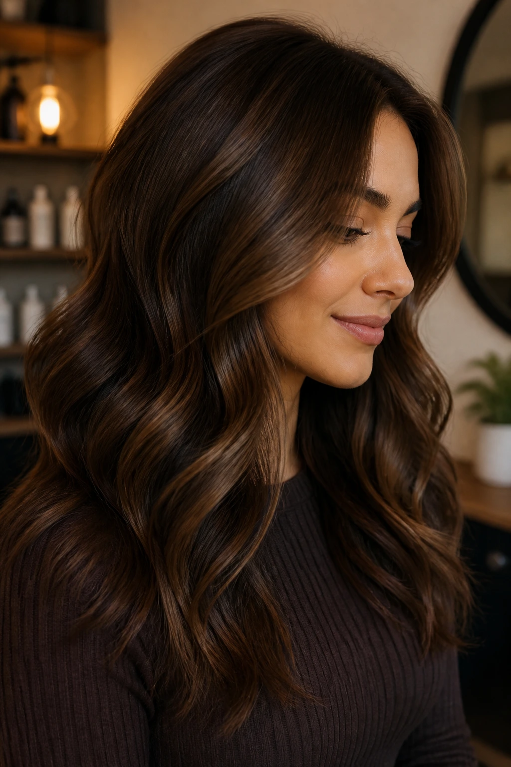 Close-up of a real woman's brunette hair with walnut lowlights for extra depth