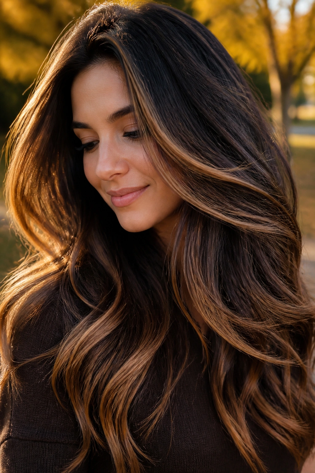 Close-up portrait of long brunette hair with walnut, maple, and bronze tones