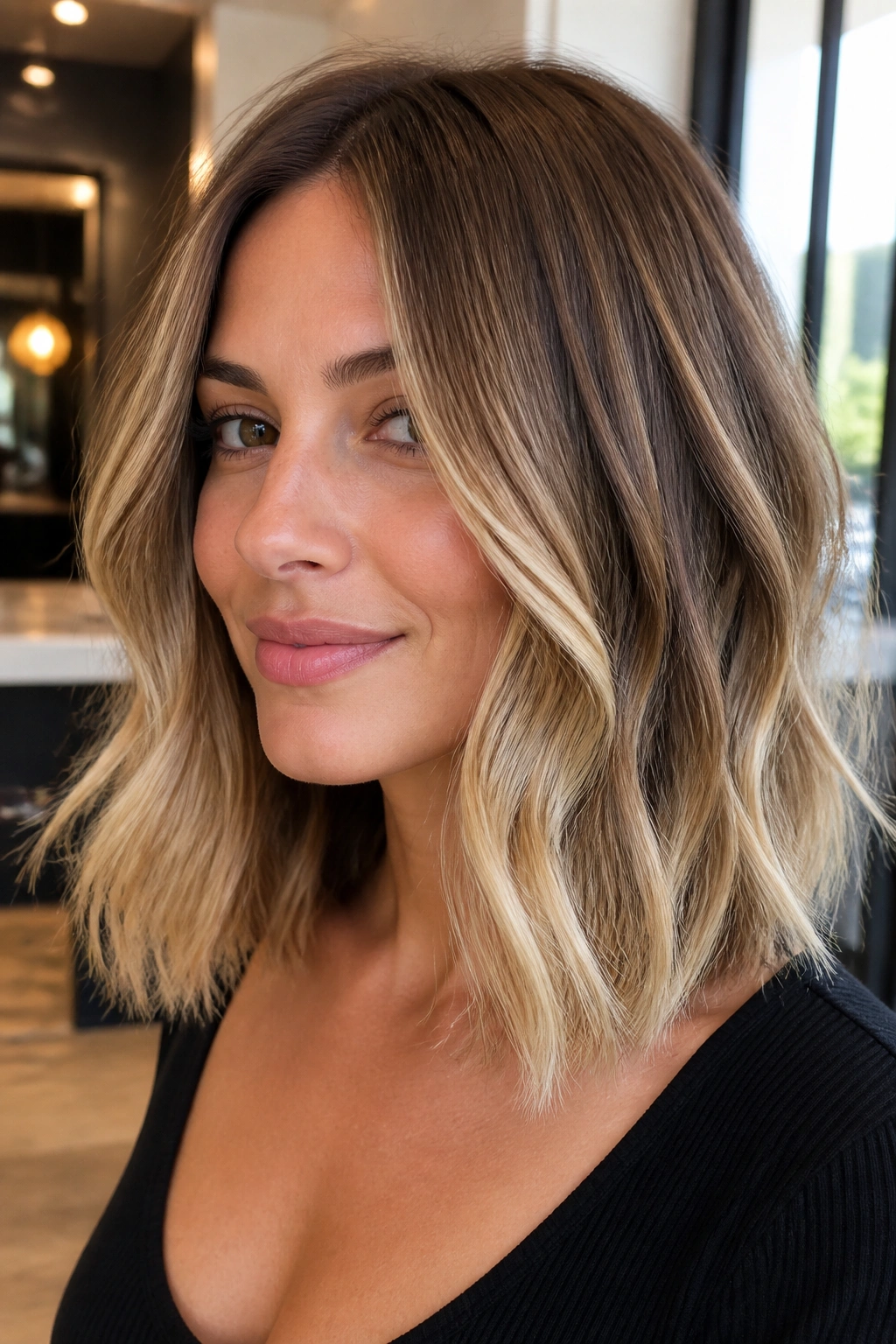 Close-up of real woman's lob hairstyle with walnut, wheat, and pale gold highlights in a salon setting