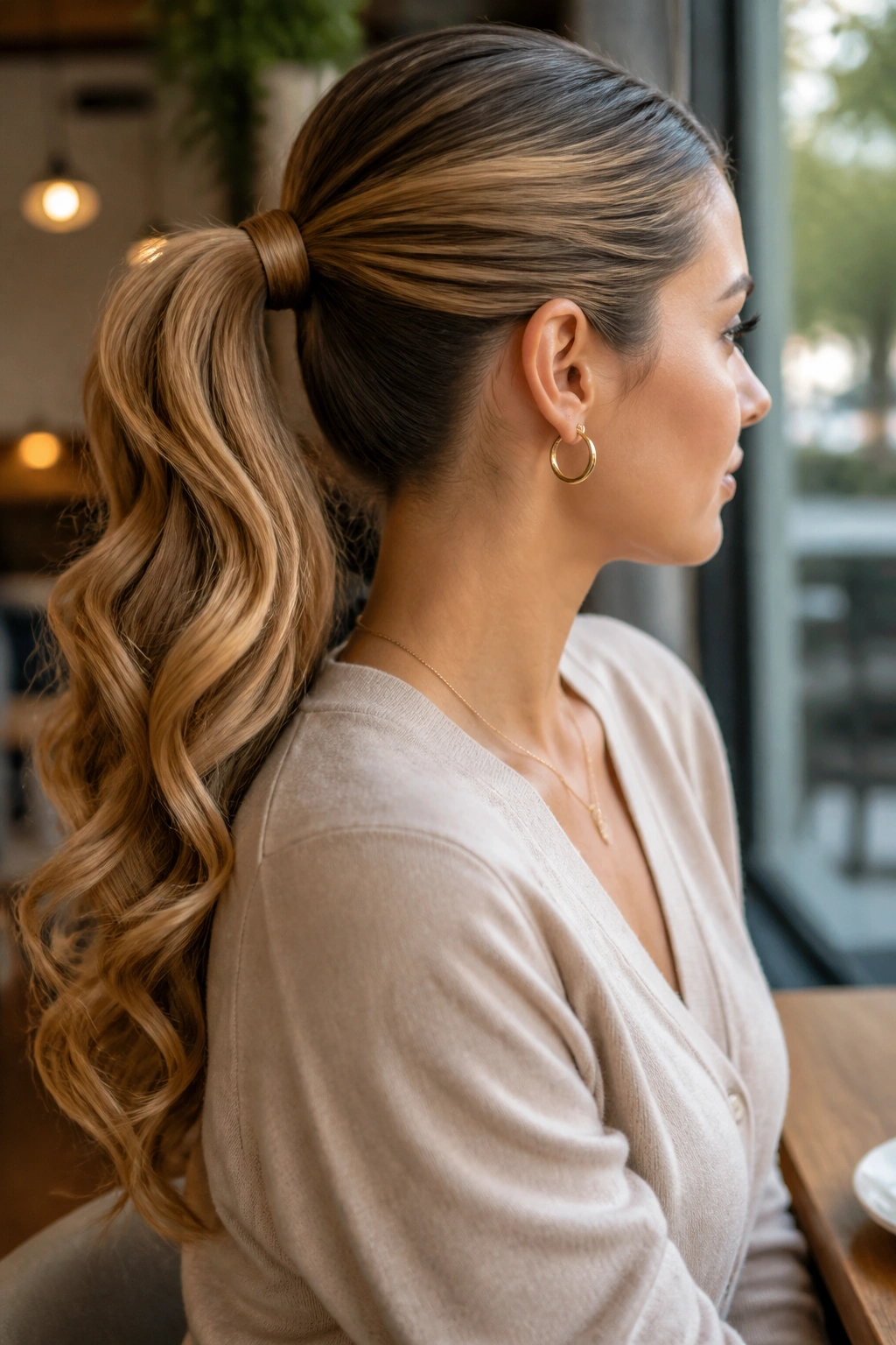 Close-up of a real woman with wand-curled ponytail and wrapped elastic in a cafe setting