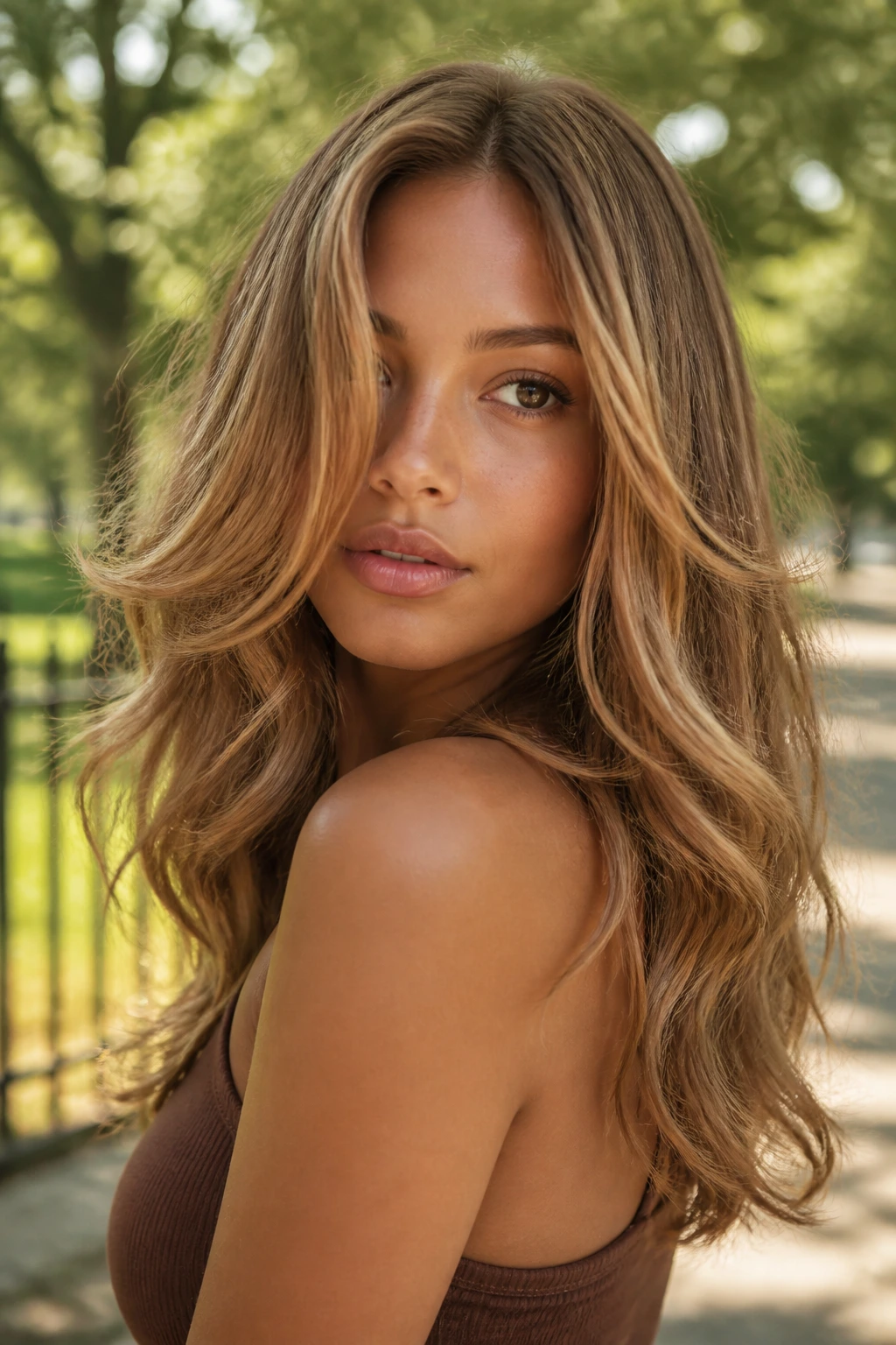Close-up portrait of a real woman with warm almond hair in a sunlit park