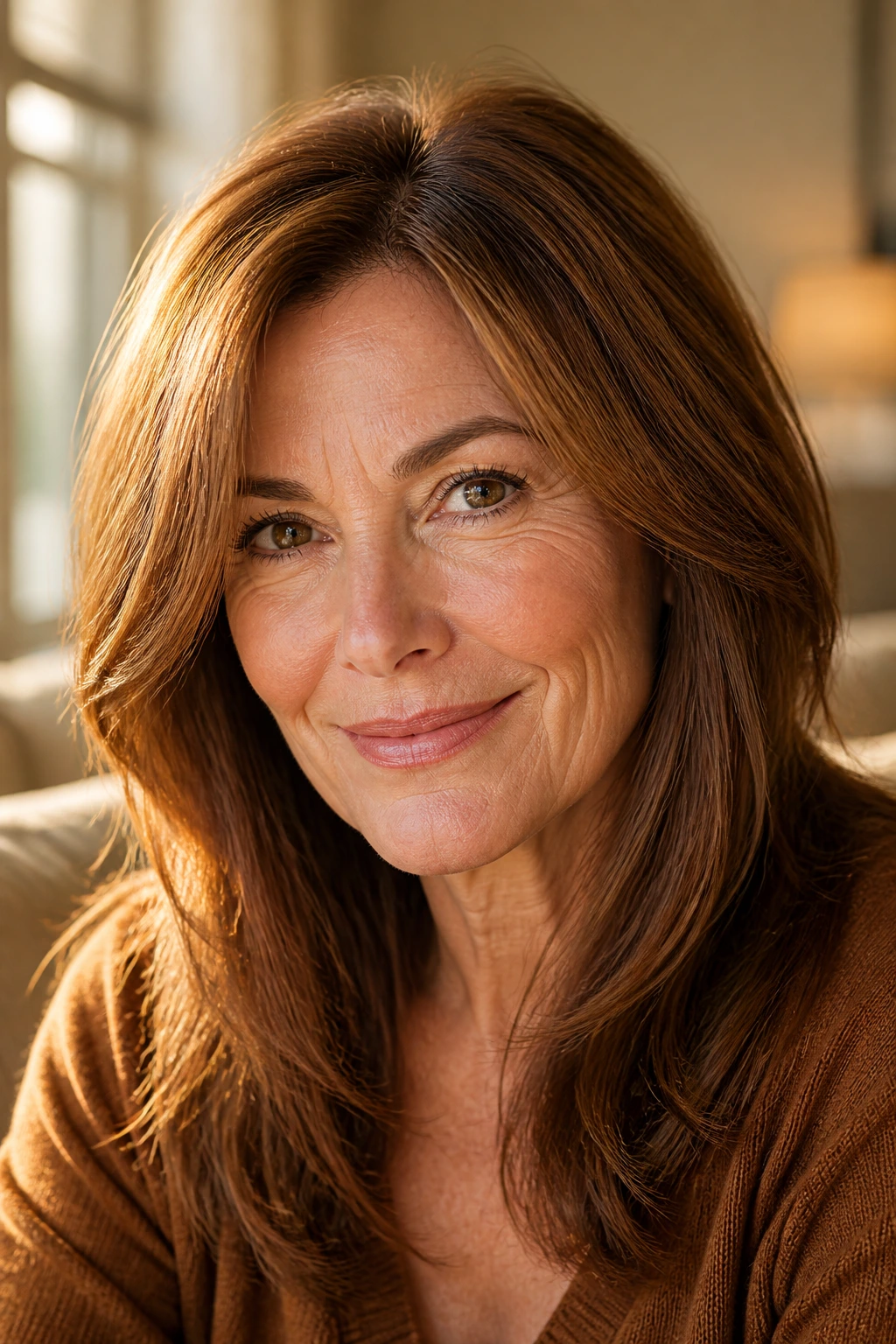 Close-up portrait of a real woman with warm amber brown hair in natural window light