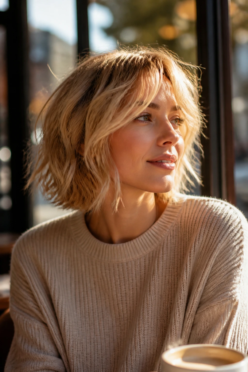 Portrait of a person with warm blonde tousled chin-length hair in sunlit cafe