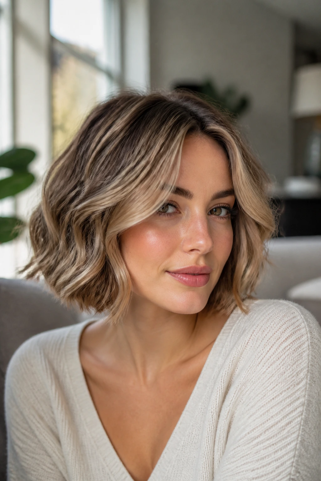 Close-up of warm bronde money piece on a wavy bob