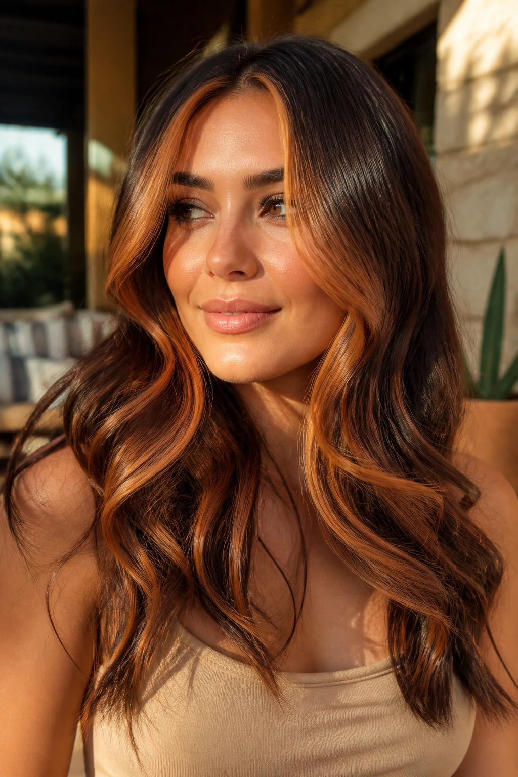 Brunette with cinnamon copper front panel adding warmth