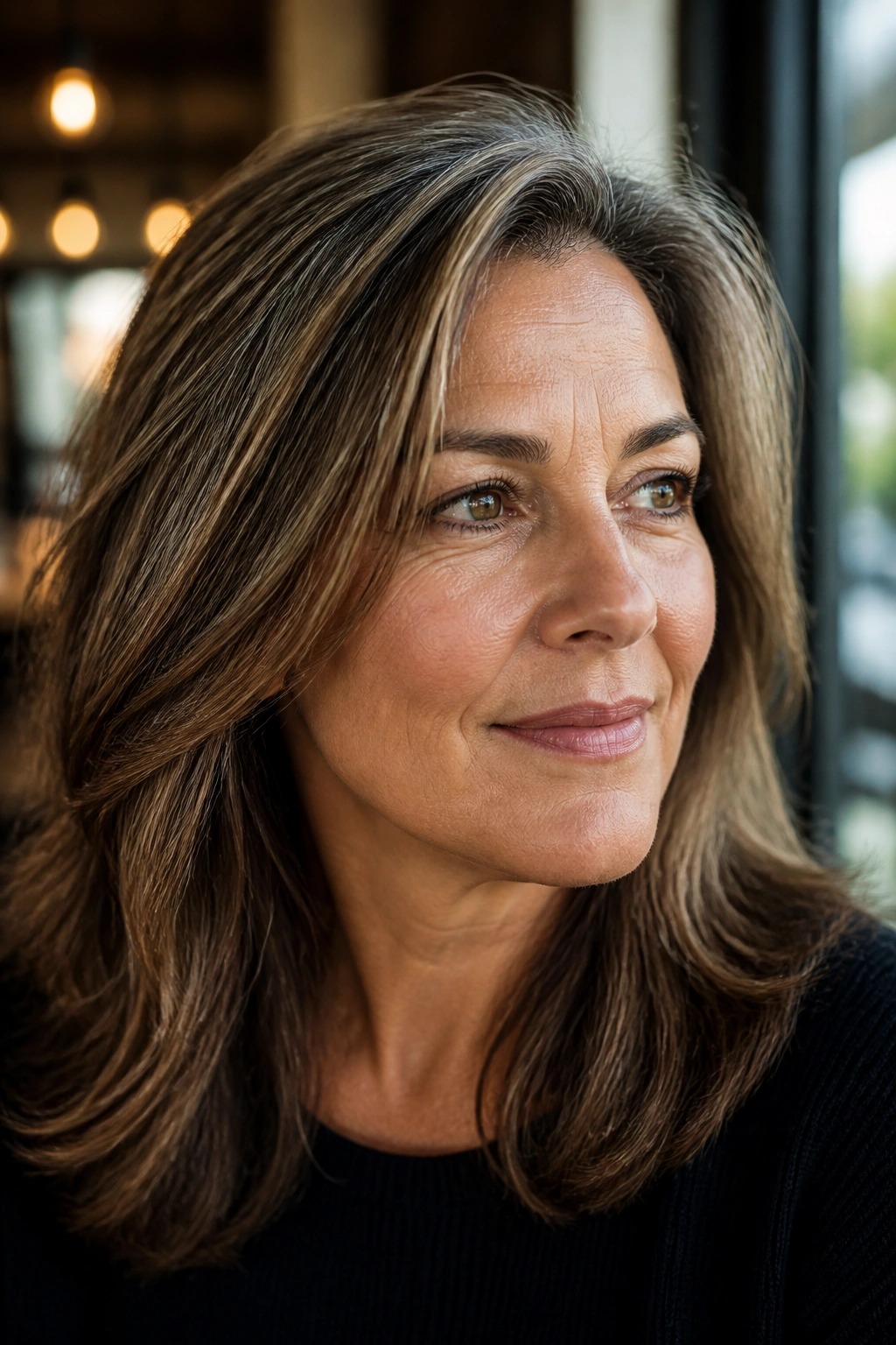 Close-up of a woman with warm brunette base and soft lowlights for subtle contrast