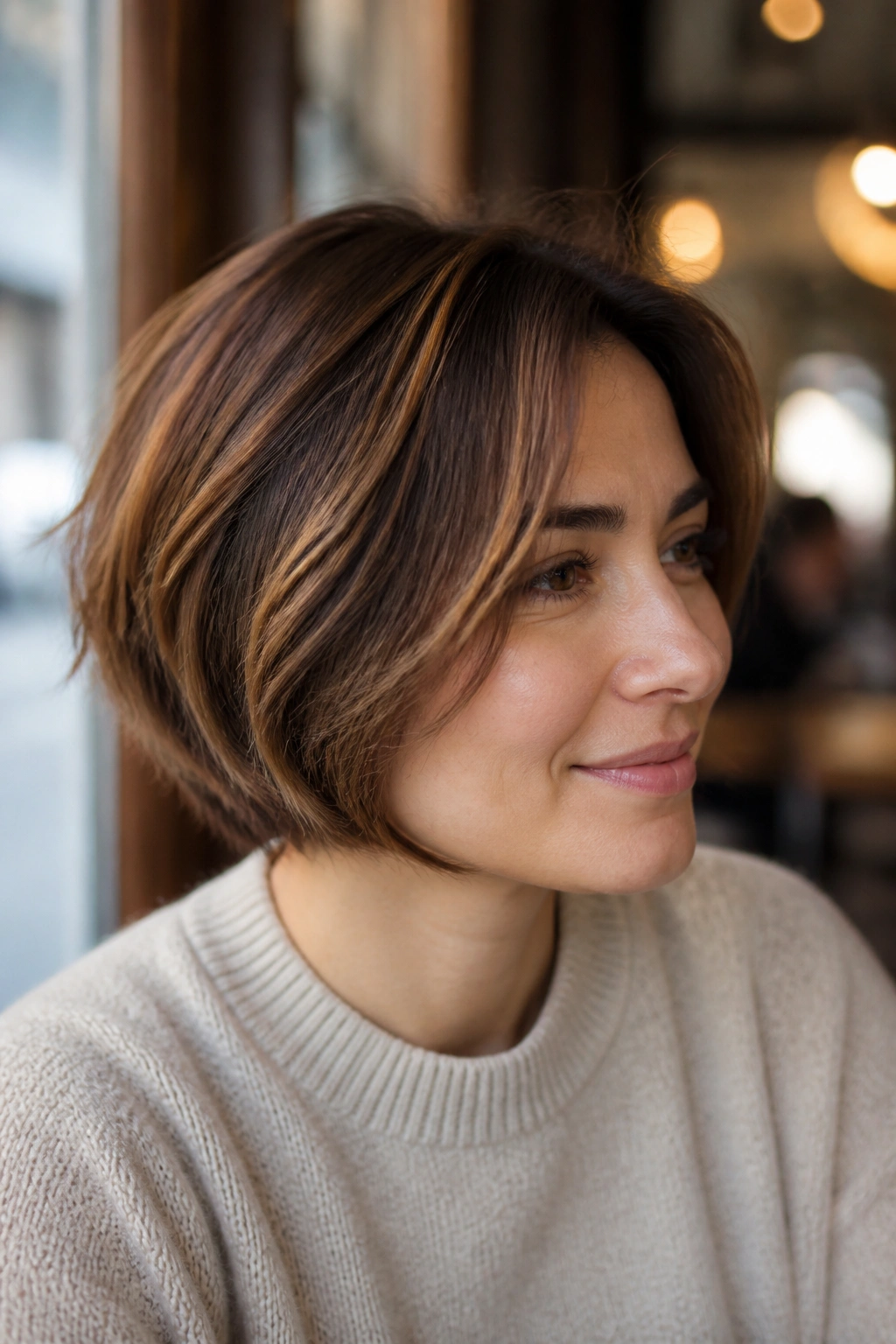 Close-up of a short bob with warm chestnut babylights around crown and face frame.