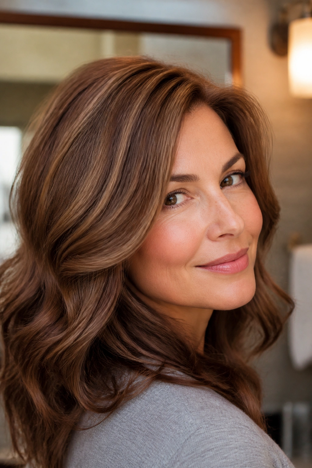 Close-up of warm chestnut hair with fine lowlights on a real woman