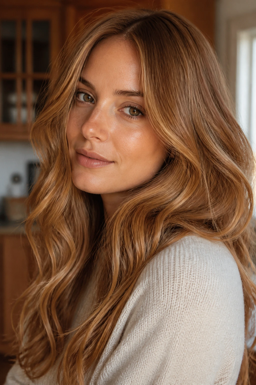 Close-up portrait with warm cinnamon blonde hair