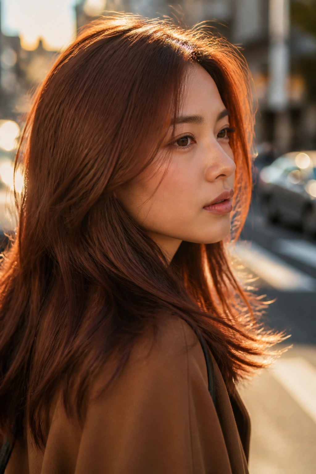 Close-up portrait of a real woman with warm cinnamon brown hair