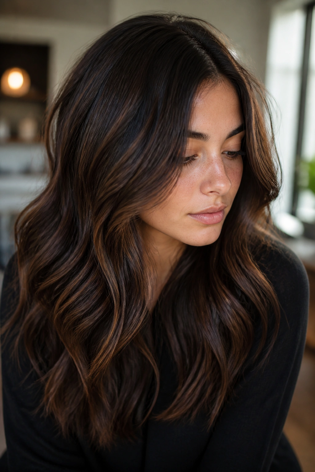 Close-up of dark brown hair with warm cocoa lowlights for depth