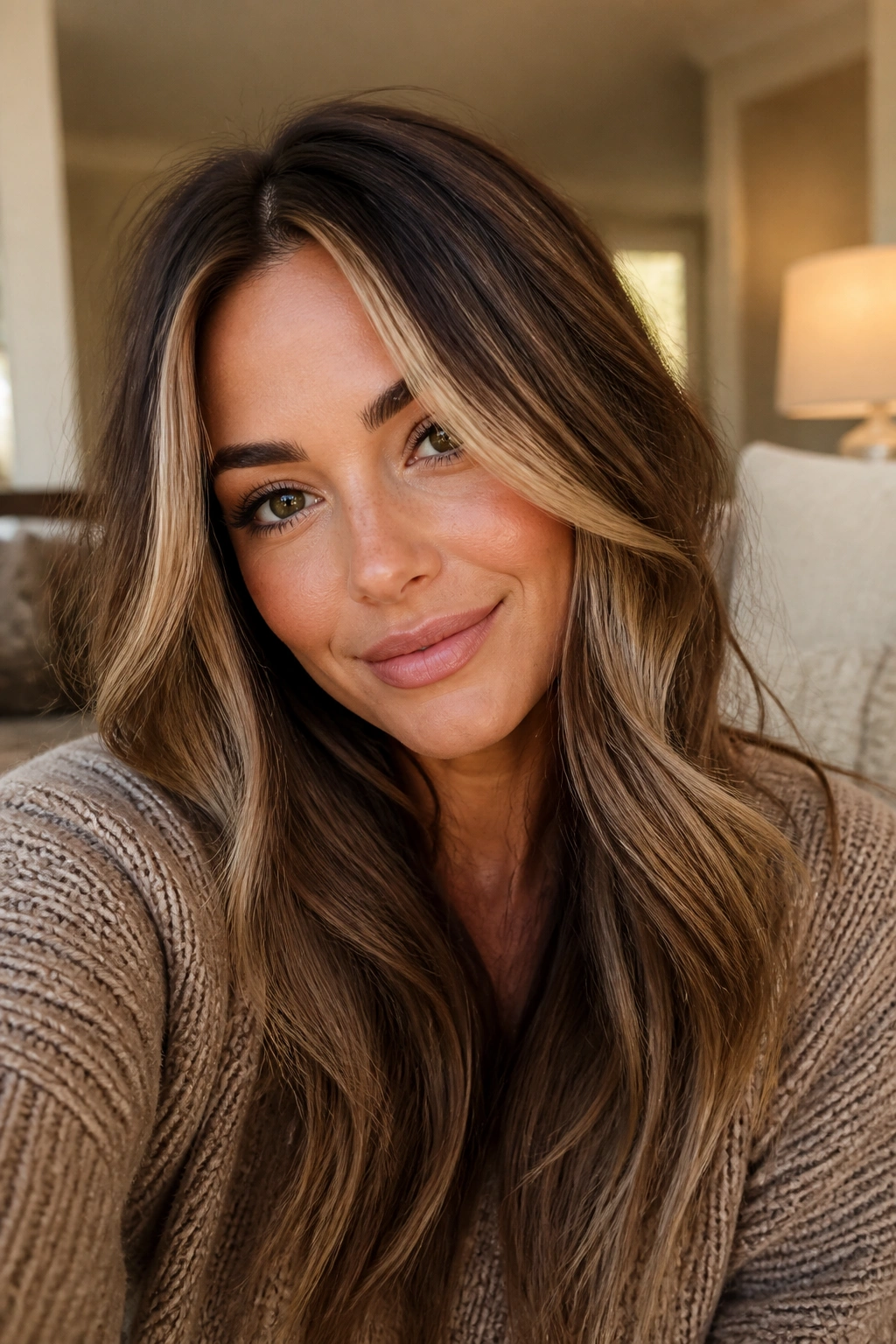 Close-up of a real woman with warm mocha hair and face-framing money pieces.
