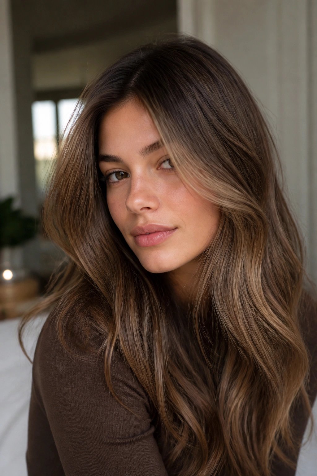 Close-up portrait of a woman with warm mushroom brown hair and beige-gold warmth