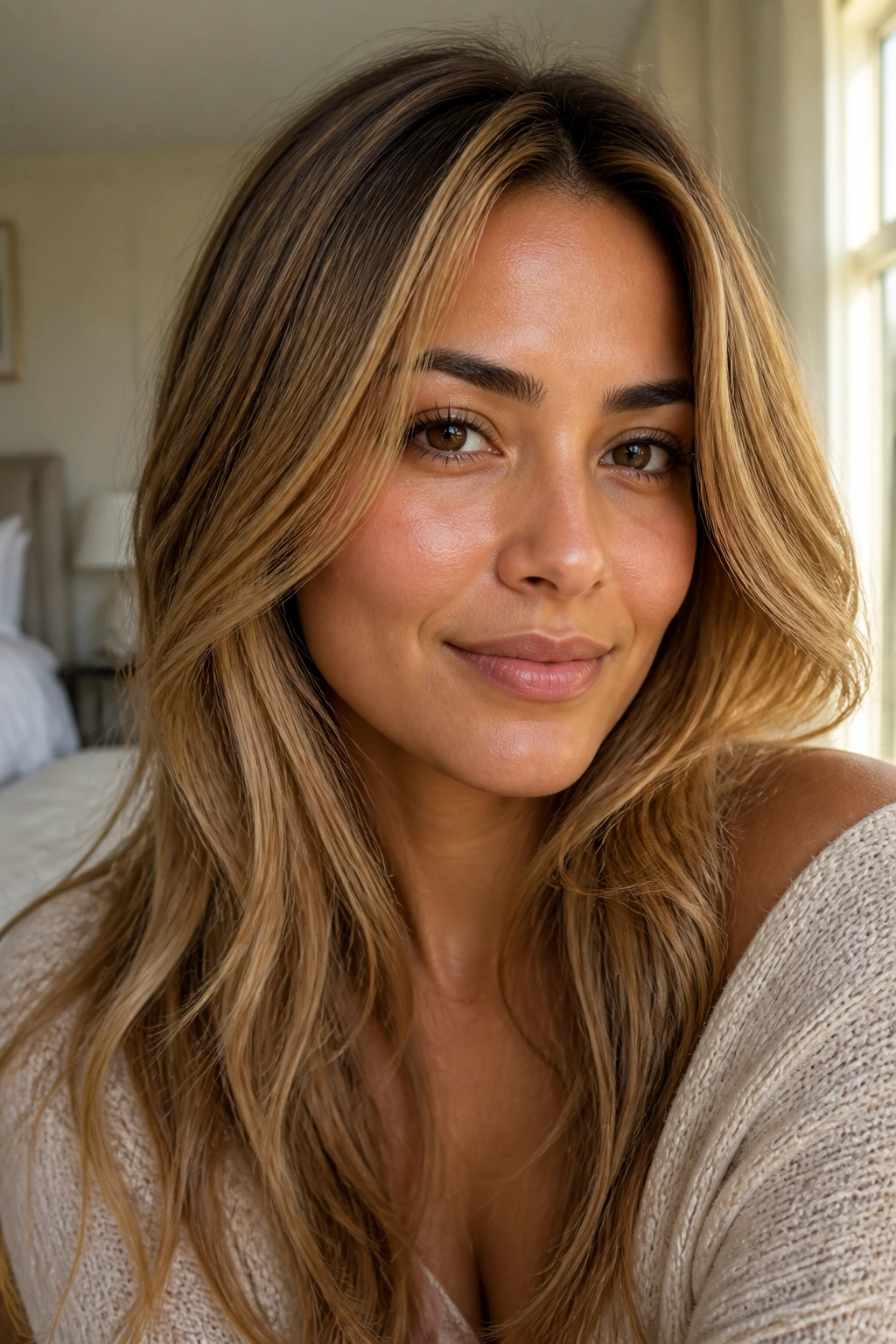Close-up portrait of a woman with warm golden-blonde highlights and olive skin in warm window light.