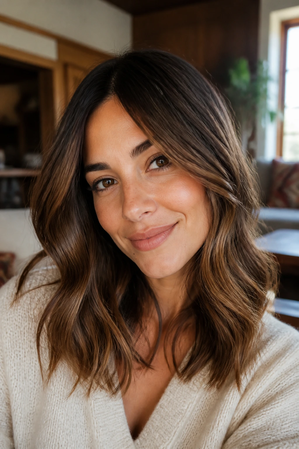 Close-up portrait of a real woman with warm walnut melt hair and soft waves.
