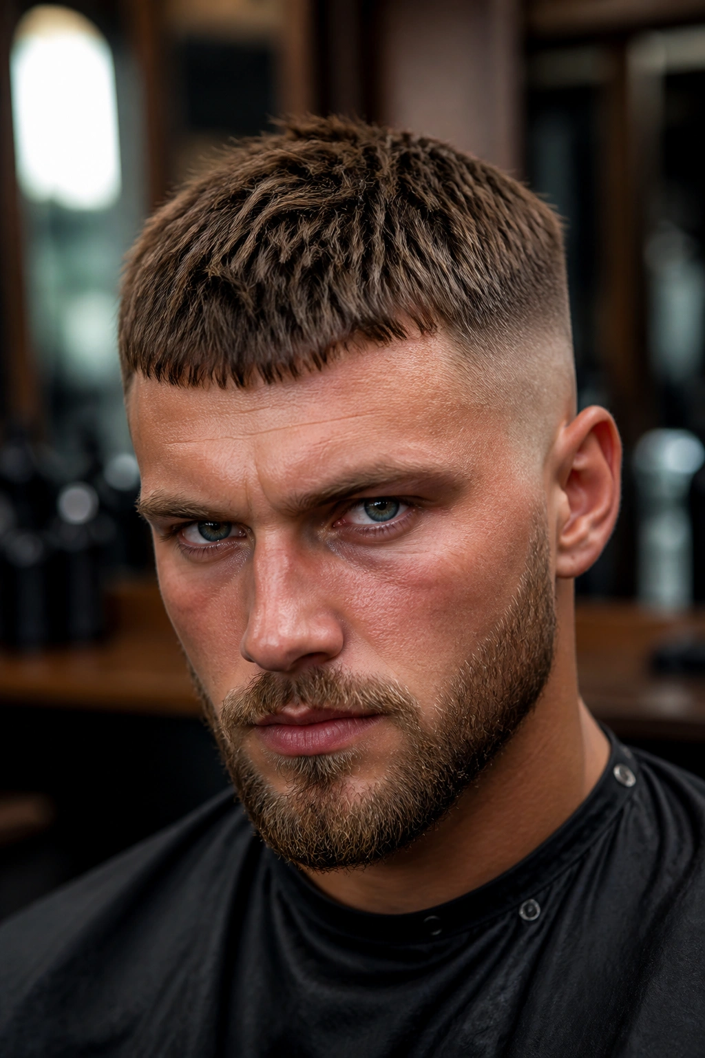 Close-up of man with short textured warrior crop at barber shop