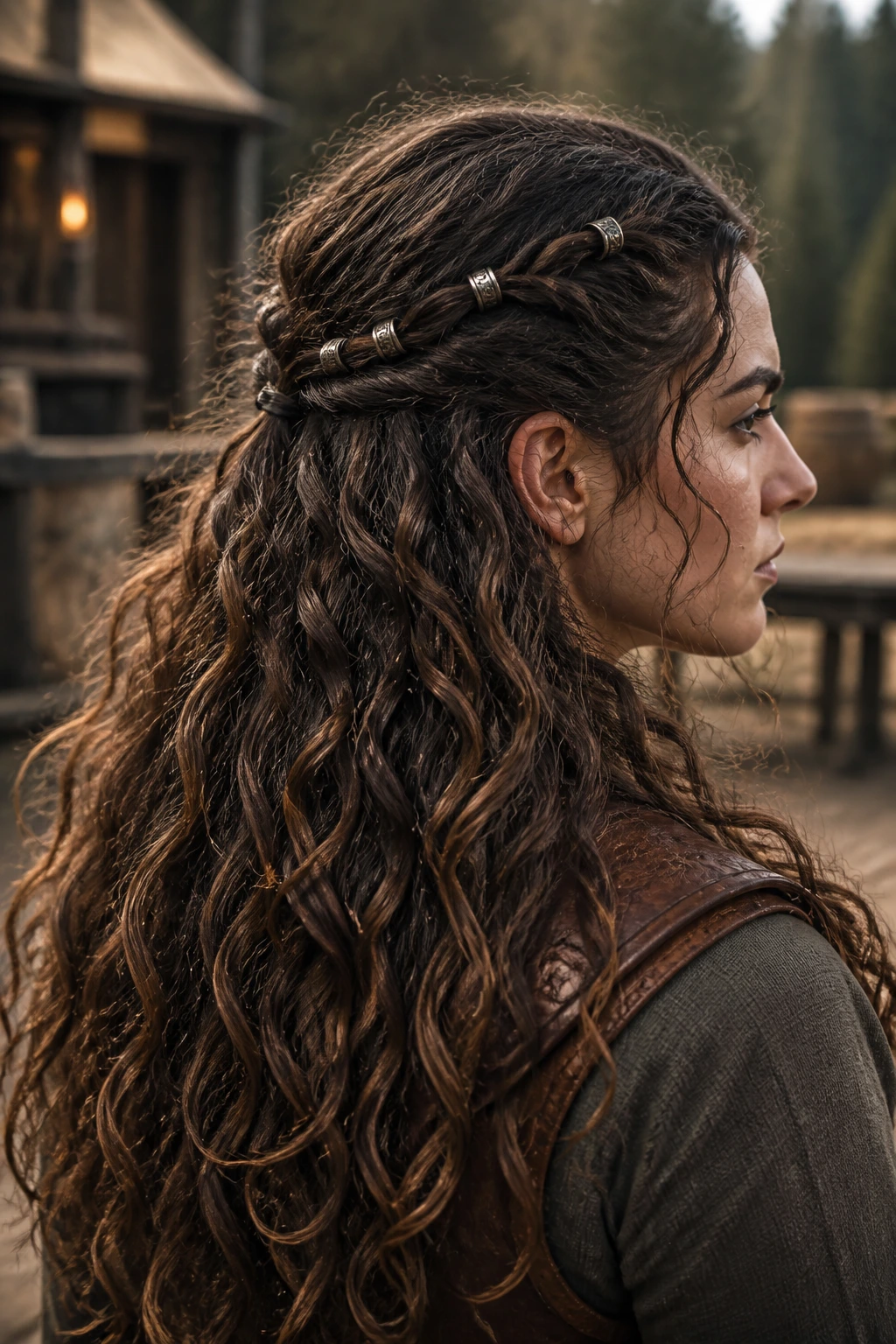 Medium close-up of a real person with warrior half-up twists and rings hairstyle outdoors