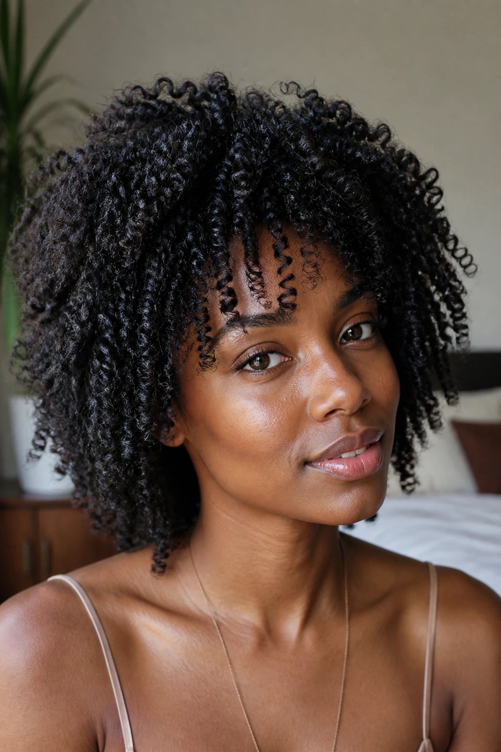 Close-up portrait of a real woman with defined 4C wash-and-go curls