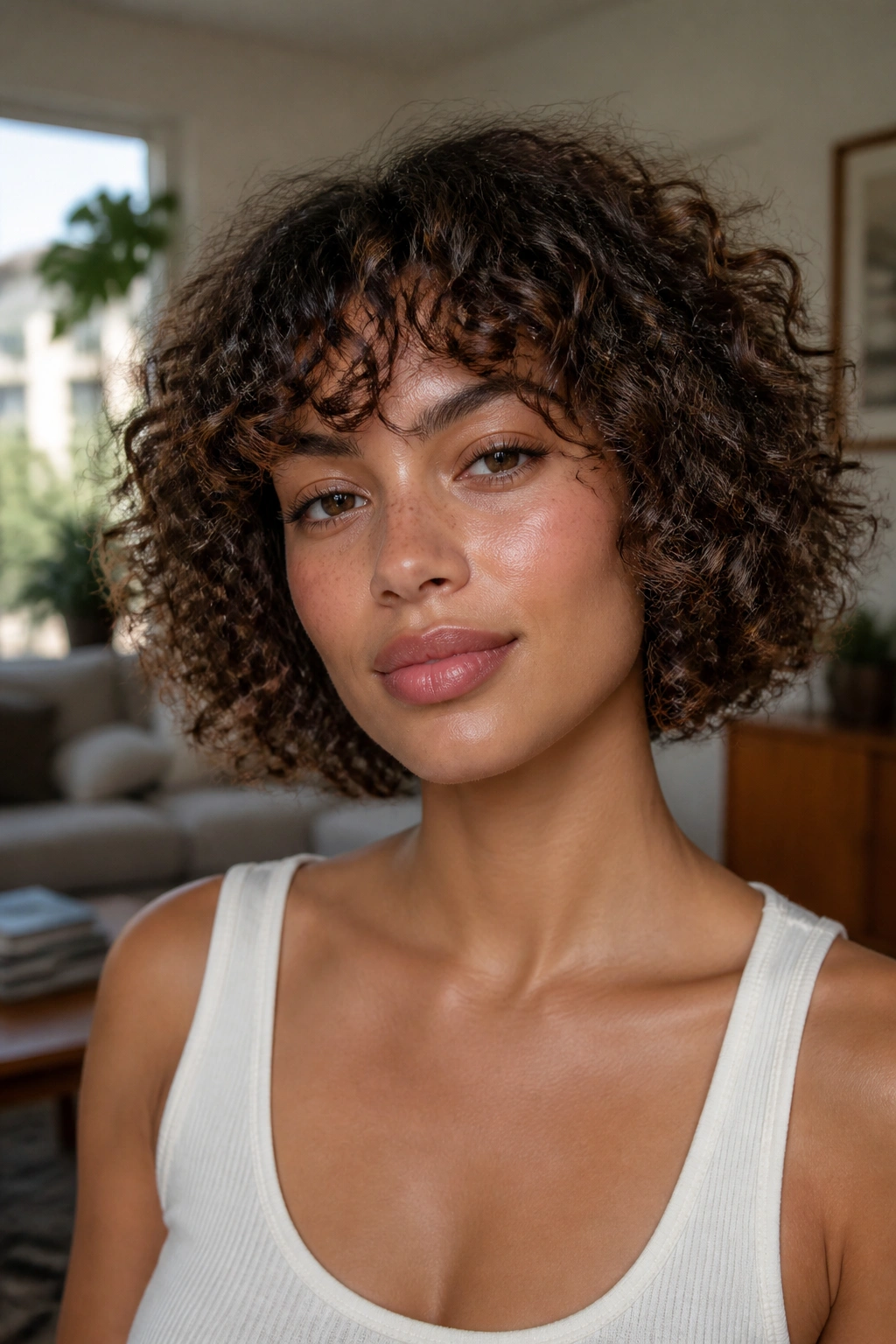 Close-up of a real person with Wash-and-Go Bob With Grow-Out Friendly Bangs in natural light