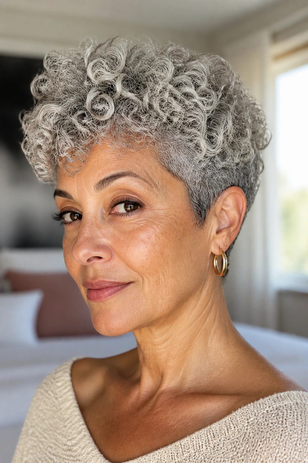 Close-up portrait of a real woman with a wash-and-go crop and springy curls in warm window light.