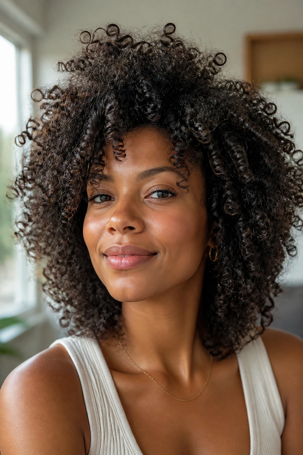 Close-up of diffused wash-and-go with big crown volume on a real person in daylight