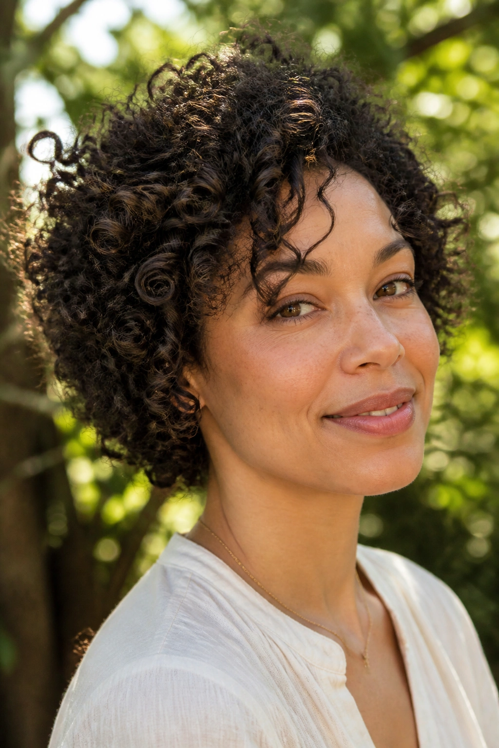 Close-up of a real woman with a defined curly cut in natural light