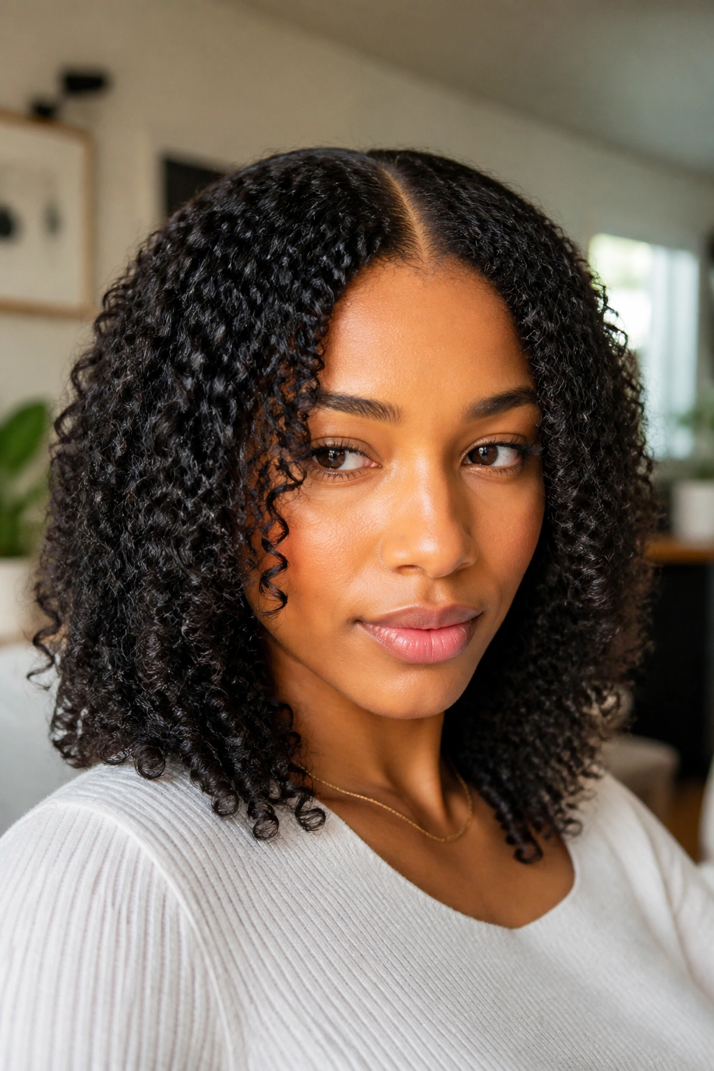 Close-up of a real woman with a defined middle part and bouncy curls in natural window light