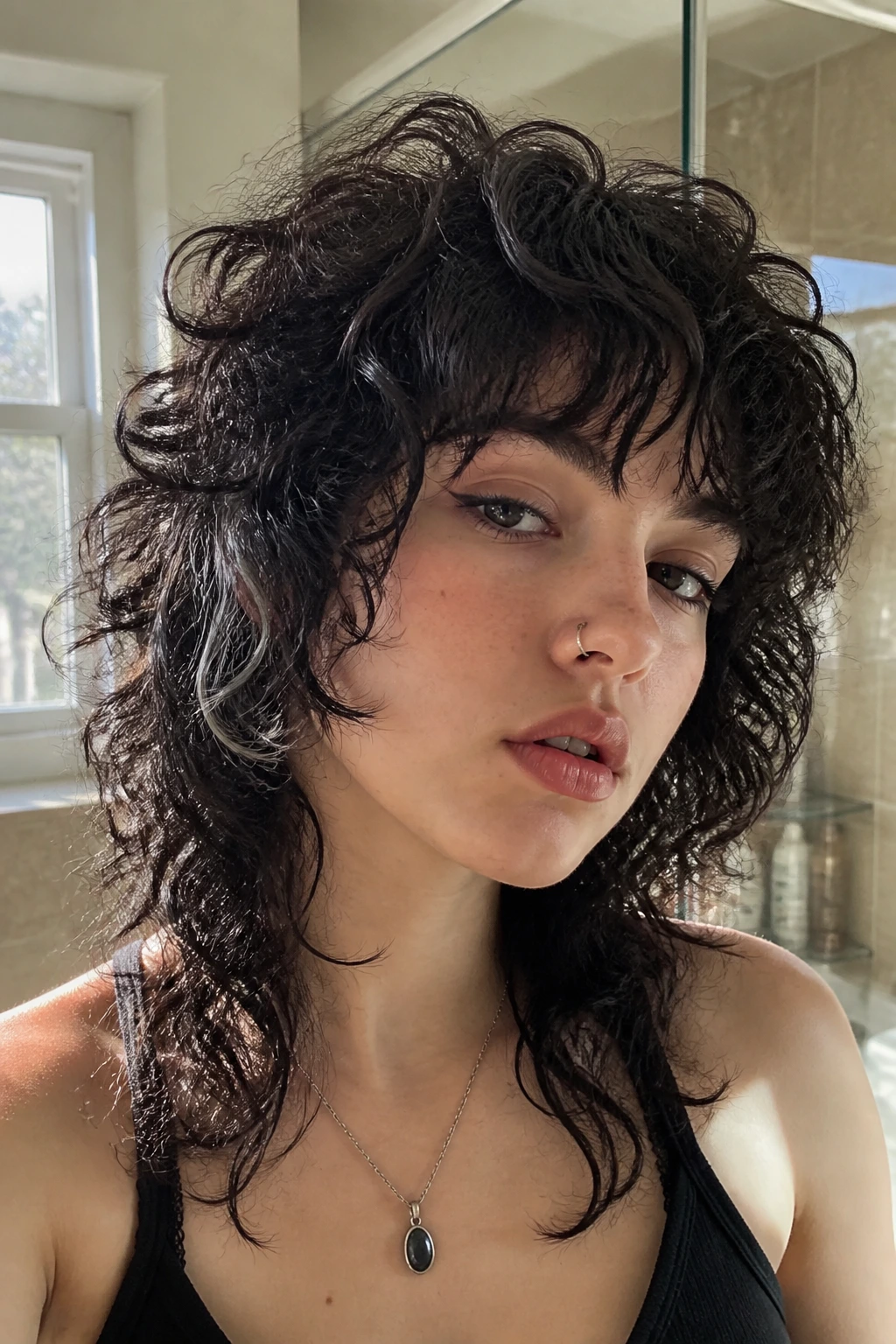 Close-up portrait of real person with wash-and-go curls emo wolf cut in a bright bathroom