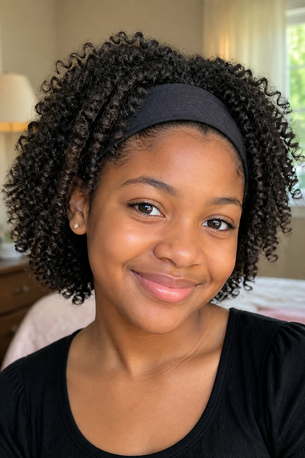 Close-up of a girl with wash-and-go curls and a wide headband