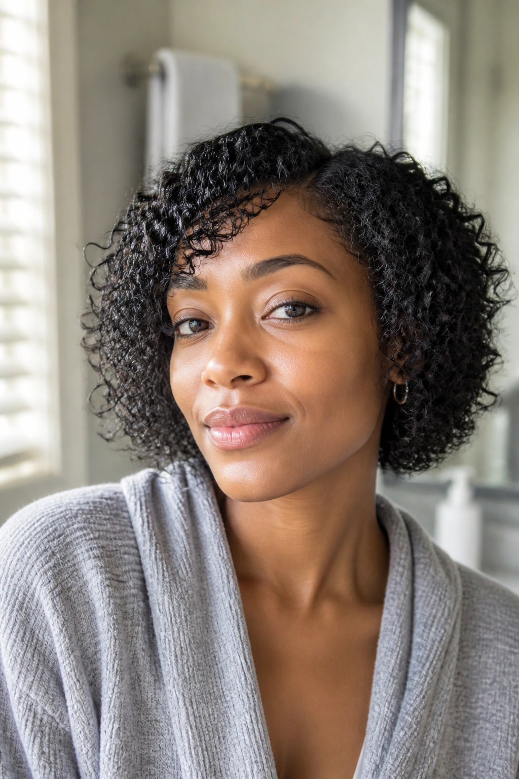 Close-up portrait of a real woman with wash-and-go natural curls in soft morning light